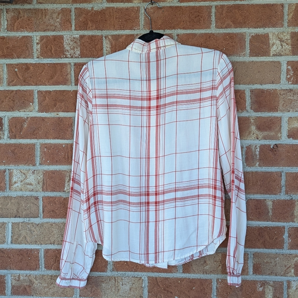 FRAME Plaid Ruffle Button‑Down Shirt Red/Cream Size M - Picture 5 of 10